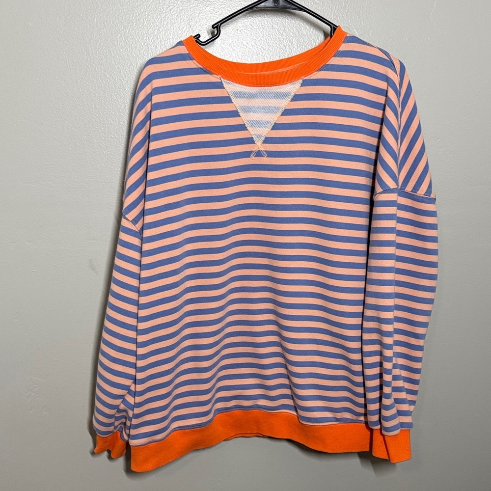 Amazon Peach and Blue Striped Crewneck with Orange Trim